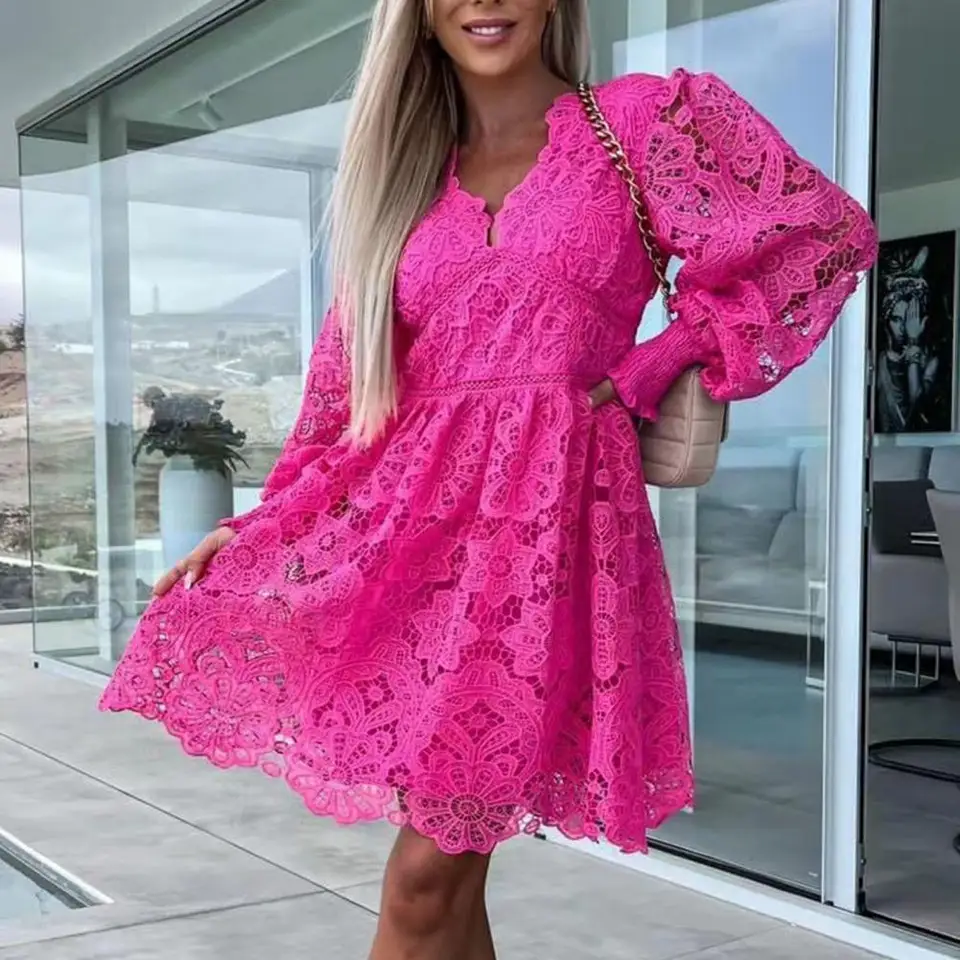 Pád na pohotovostné šaty Dámske šaty Elegantné čipky A-line midi šaty s krkom elastickou manžetou Felminine Fall Móda pre ženy