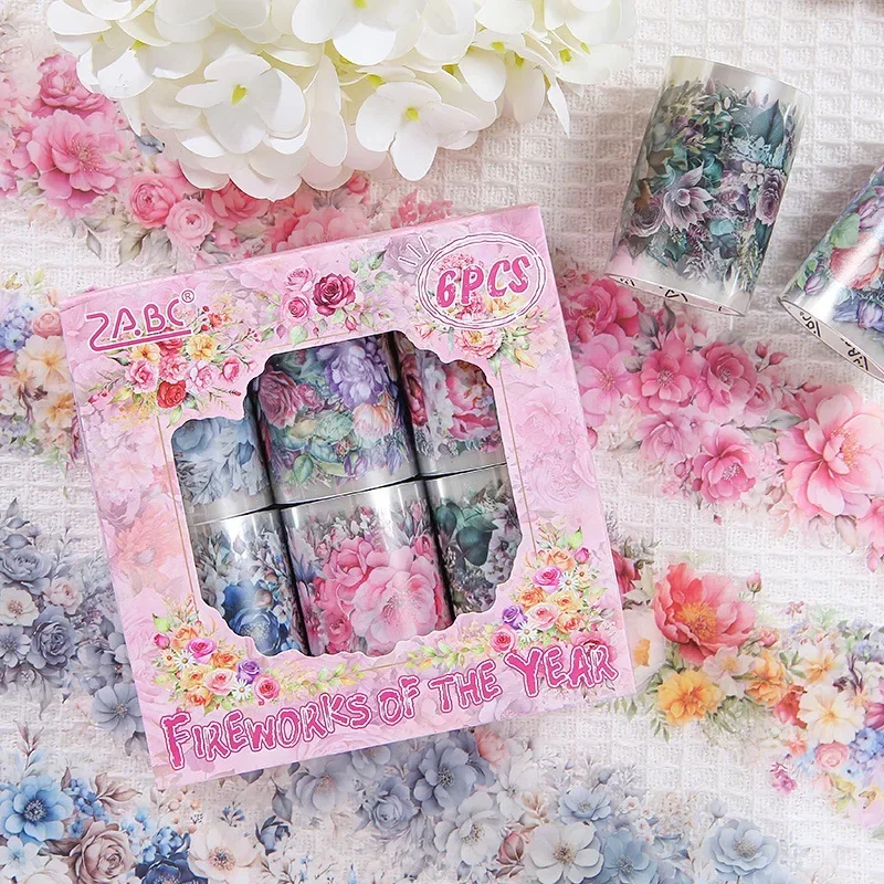 Pán papier, farebná kvetina slepka na páske s kvetmi, DIY Scrapbook Photo rámu Denník Puzdro pre dekoratívne nálepky, 6 roliek/škatule