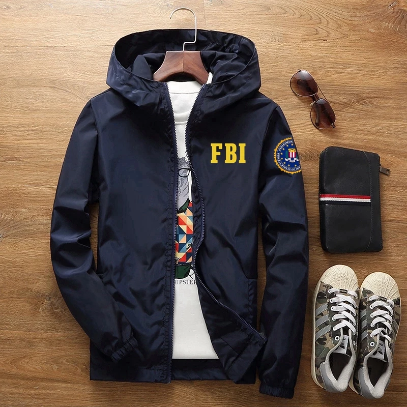 Pánska bunda s kapucňou 2024 Nová jarná a jesenná značka Pánsky zákopový kabát módna neformálna zipsová kapucňa s kapucňou FBI Slim Jacket