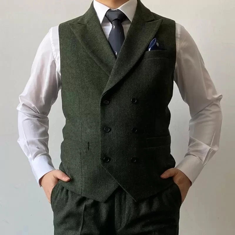 Pánska dvojkrídlová rybia kosť vlna Tweed Slim Fit Casual Sune Vestu Gentleman Business Svadobná vesta svadobná vesta