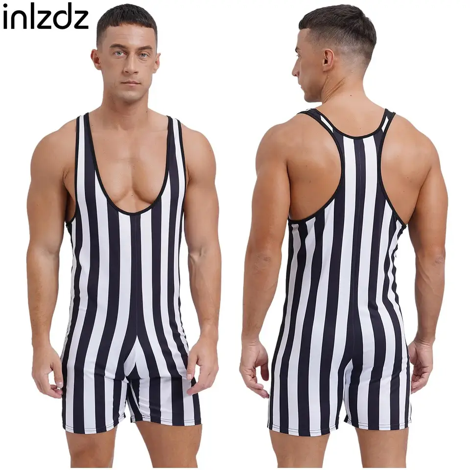 Pánska fitness telocvičňa Športové kombinézy pruhované zápasové singlety šortky Rompers kulturistiku Yoga surfovanie Shapewear Swewear Bodysuit