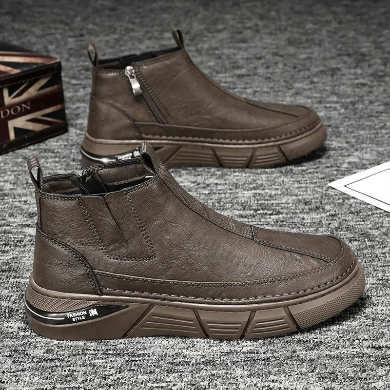 Pánska koža Chelsea členky topánky Men. Príležitostné mäkké podrážky pohodlné topánky Všestranné britské britské štýly High-Top Trend Work topánky