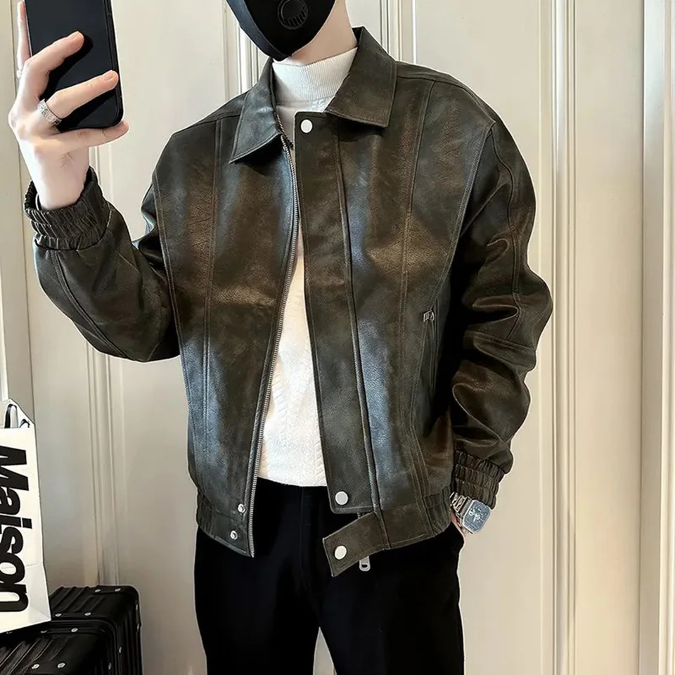 Pánska kožená bunda vrecko na zips koženú bundu jesenné príležitostné všestranný trendy na streetwear Daily top Pánske oblečenie unisex 2024