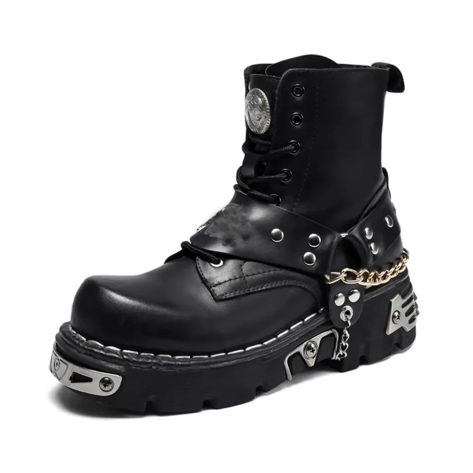 Pánska módna kožená motocyklová topánky, Punk Goth Skull Mid-Calf Boots Kovový reťazec Western Chelsea Cowboy Boots Platforma