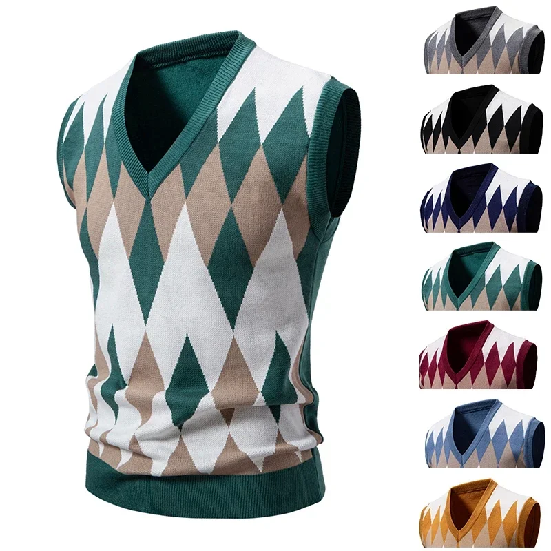 Pánska módna vyšívaná koláž V-Neck Sleevelless Swater Sweater Príležitostný lemovaný vesta pánska top