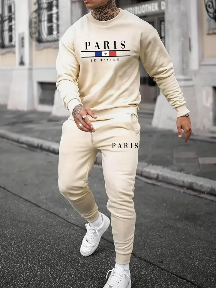 Pánska módna značka odev Sportswear Paríž dlhý rukáv + tepláky 3D tlačené jednoduché dizajn Príležitostné jogging 2-dielne sada