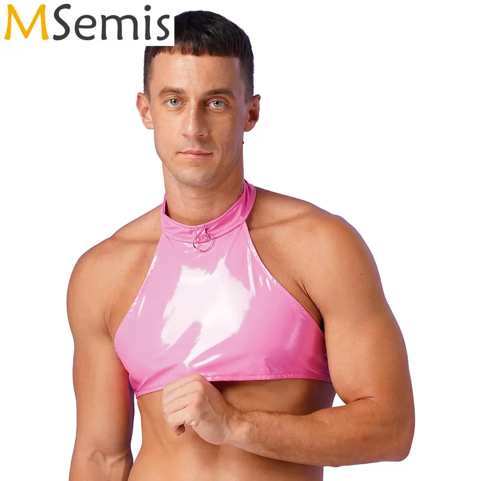 Pánska otáčanie ohláňacie vesty Topy bez rukávov bez rukávov Patent kožená plodina Top Rave Party Clubwear Music Festival
