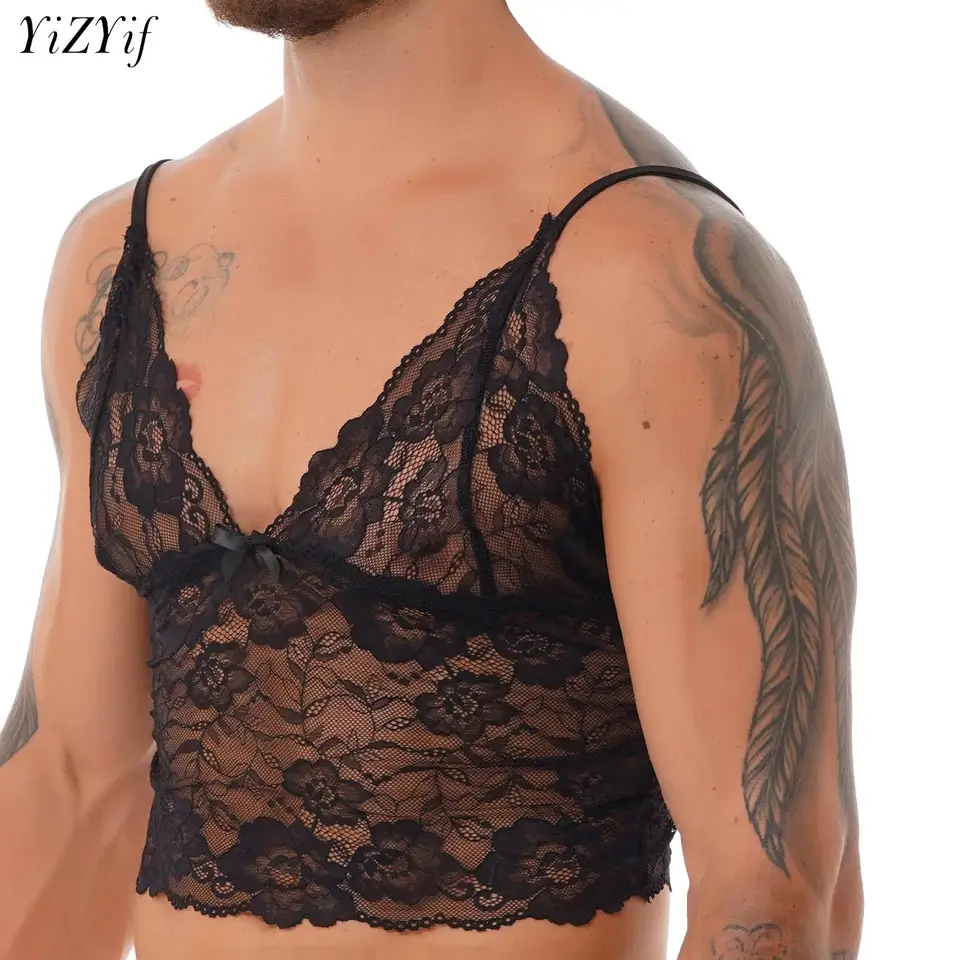 Pánska sissy plodina top vidíte cez číre čipkové spodné prádlo nastaviteľné špagety ramenné popruhy hlboké V krk crossdresser camisole vesta