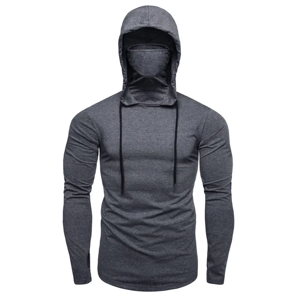 Pánska telocvičňa tenké kapucňu s dlhým rukávom s kapucňami s maskou Mask Pánske košeľa športové bicykli mužské tričko Pullover Hoodies Topy