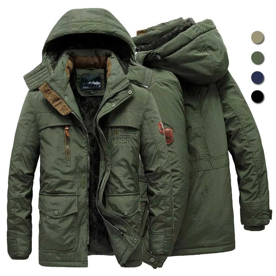 Pánska zimná bunda s veľkou veľkou veľkosťou viac vreckovky fleece linning vonkajší parka s kabátom s kapucňou veterné breaker vojenský hustý teplý vrchný odev