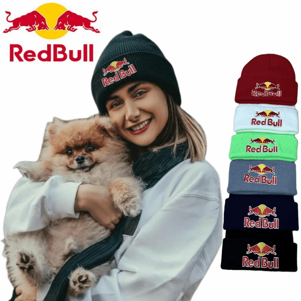 Pánske a dámske módne móda Red Bull Beanie Hat Winter Warm Pittted Hat Street jedinečný módny vyšívaný športový klobúk Red Bull