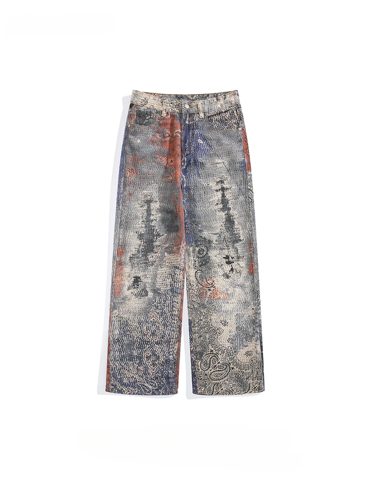 Pánske americké výklenky Street Graffiti 3D tlačené džínsy Trendy Značka osobnosť Hip Hop Handsome Casual Straight Denim Pants