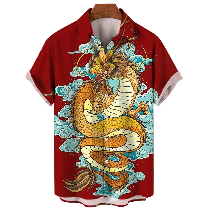 Pánske anime havajské košele 3D tlačené nadrozmerné drak s krátkym rukávom Dragon harajuku móda vianočné vianočné ulice Horúce kvetinové príležitostné príležitosti