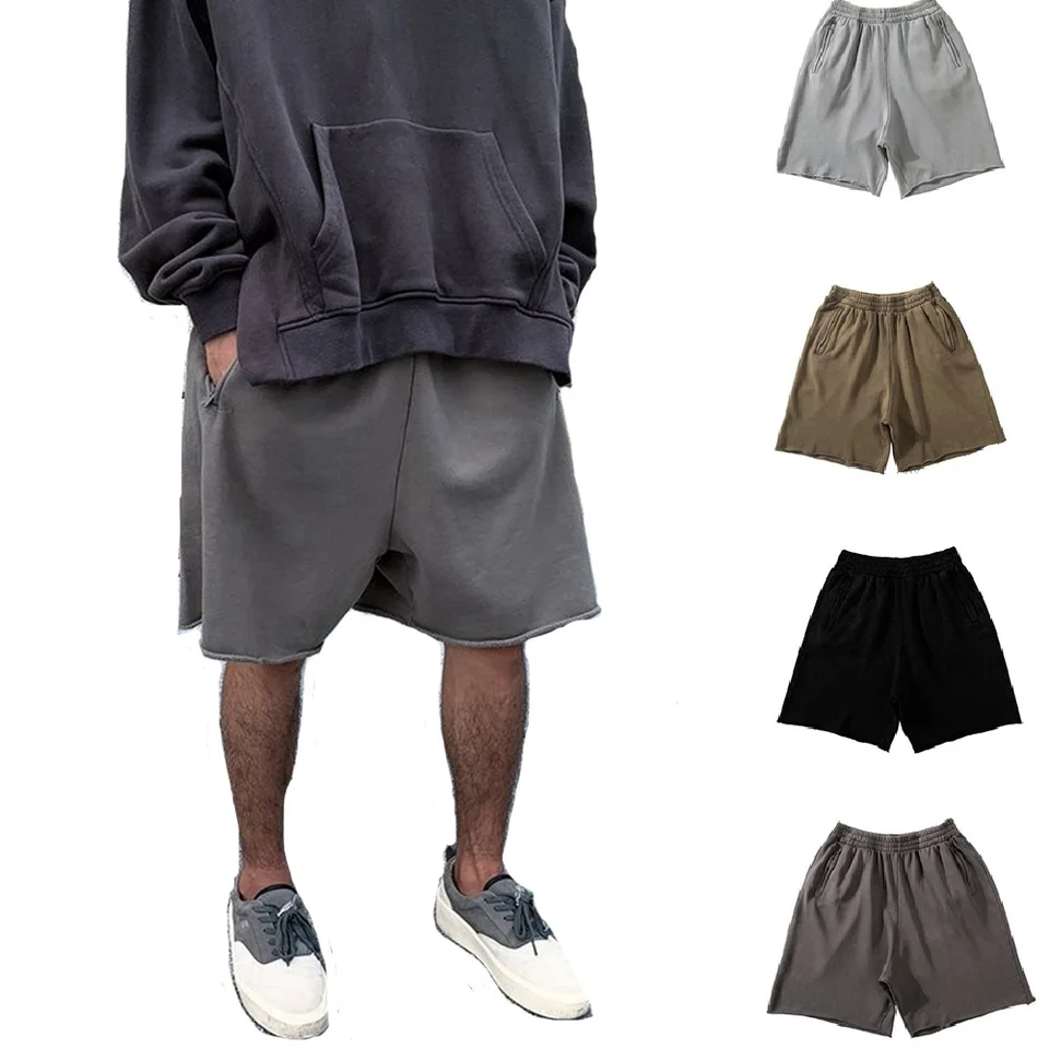 Pánske bavlnené kraťasy hrubé 380 g kulturistiky Krátke tepláky fitness jogger telocvičňa Kanye Gray West Shorts