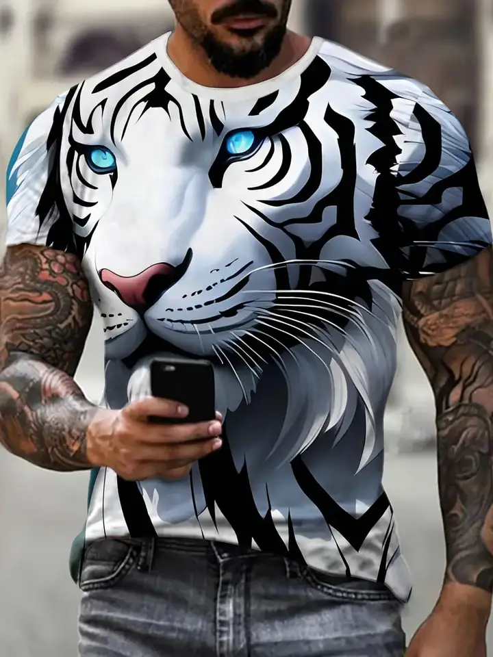 Pánske biele Tiger tlač Tričko 3D Trend Animal Pattern Trend Osobnosť
