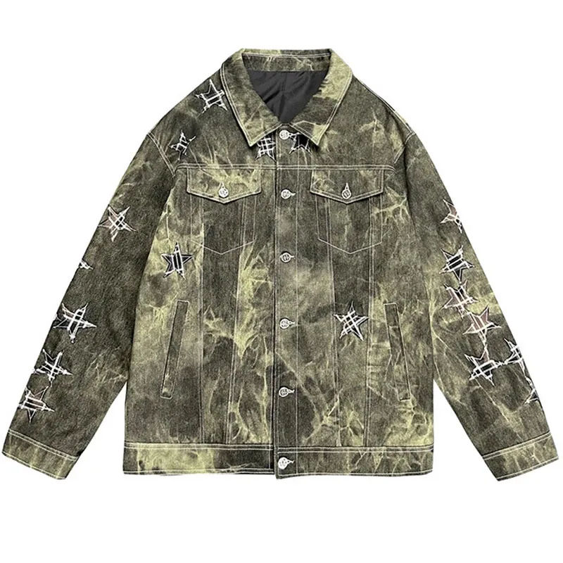 Pánske camo umývané vyšívané džínsové bunda Light Luxusné móda voľné hračky v štýle džíns