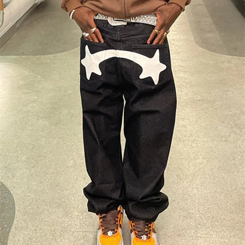 Pánske džínsy 2023 Hip Hop Street Star Print Dark Black Jeans Y2K retro dizajn Príležitostný nízky pás voľný priamy džínsy New Ins Hot