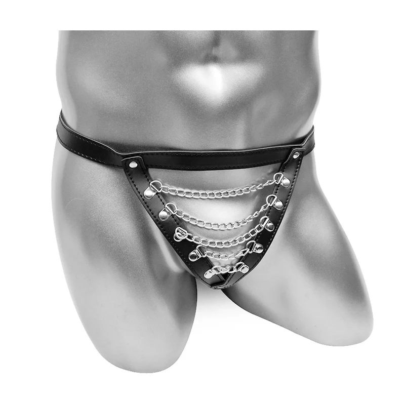 Pánske faux pu kožené spodné prádlo Sexy spodné prádlo nastaviteľné pásy Mužské nohavičky erotické dospelé spodky Otvorené kovové reťaze