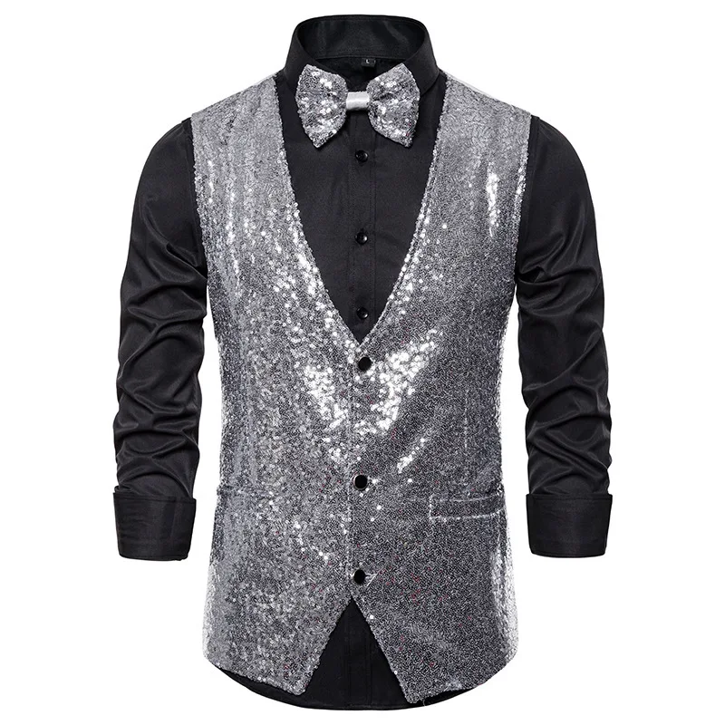 Pánske flitry Shiny Slim Fit vesty bez rukávov obleky Set Set s motýlikom 2 kusy na tanečný vianočný večierok Svadobný ples
