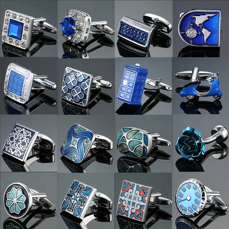 Pánske francúzske tričko Cufflinks Veľkoobchod modrý smaltový kryštálový manžeta pre pánske vintage vzorové manžety
