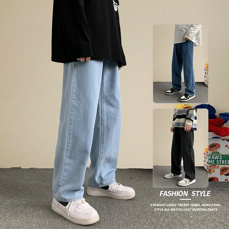 Pánske hip hopové voľné džínsy 2021 Jeseň Nové ulice Streetwear Straight Baggy široké nohavice nohavice mužské značky, svetlo modrá