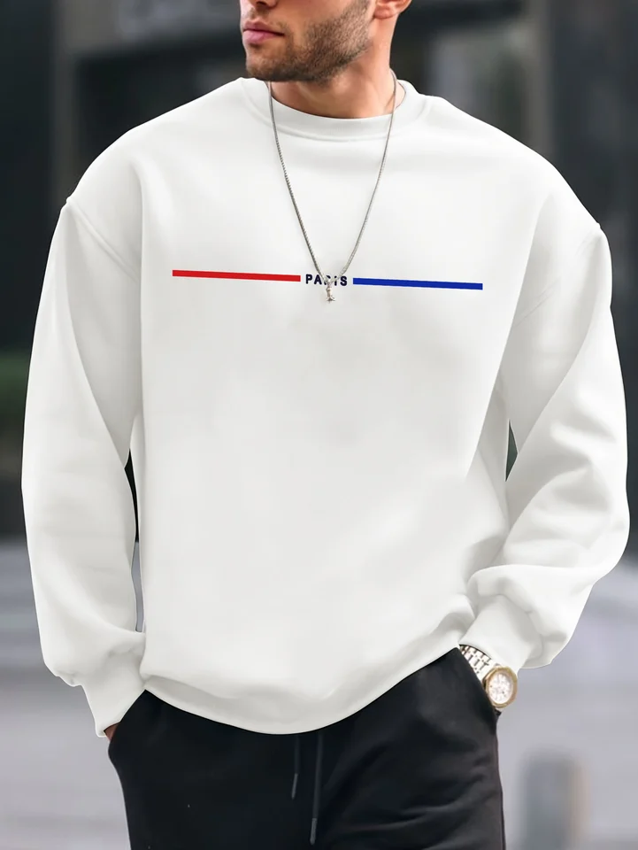 Pánske jesenné a zimné módne ležérne voľné voľné parížske tlačené fleece pullover guľatý krk s dlhým rukávom mikina s dlhým rukávom