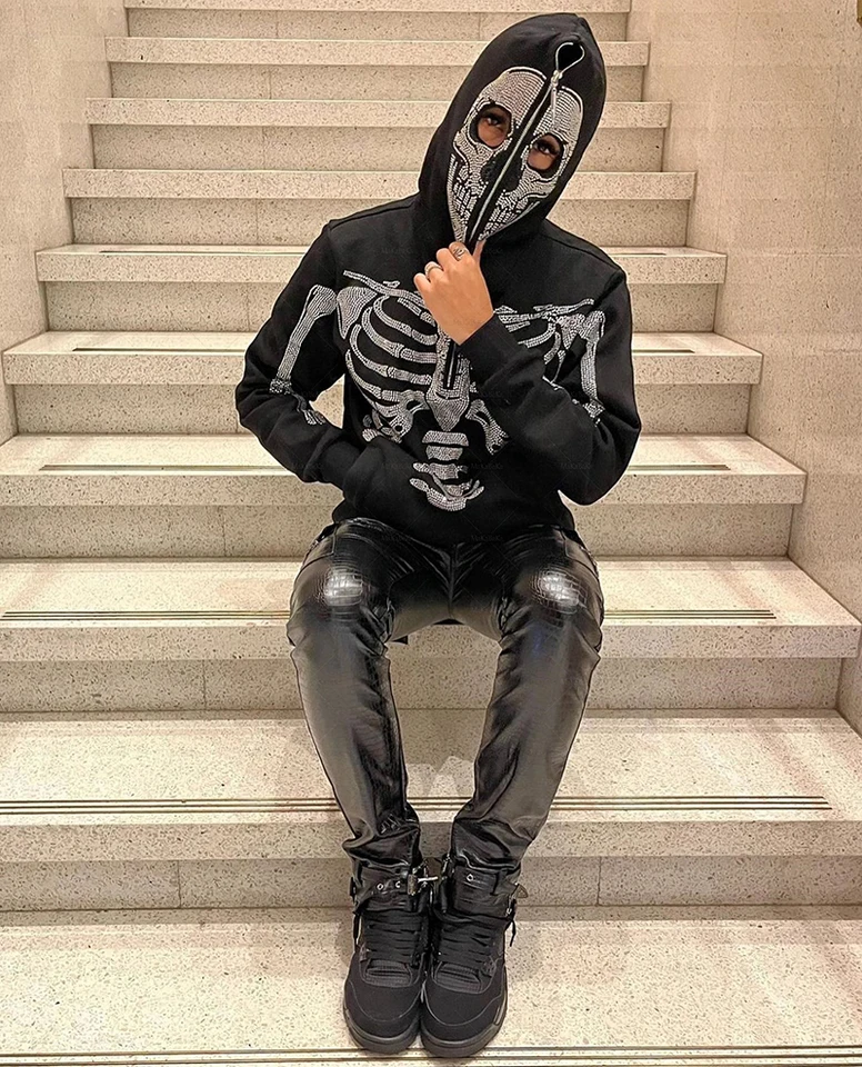 Pánske kamienky Skeleton Mikina Kórejský módny punk športový kabát lebka Grafika Goth Goth s dlhým rukávom kapucňa y2k bunda Y2K