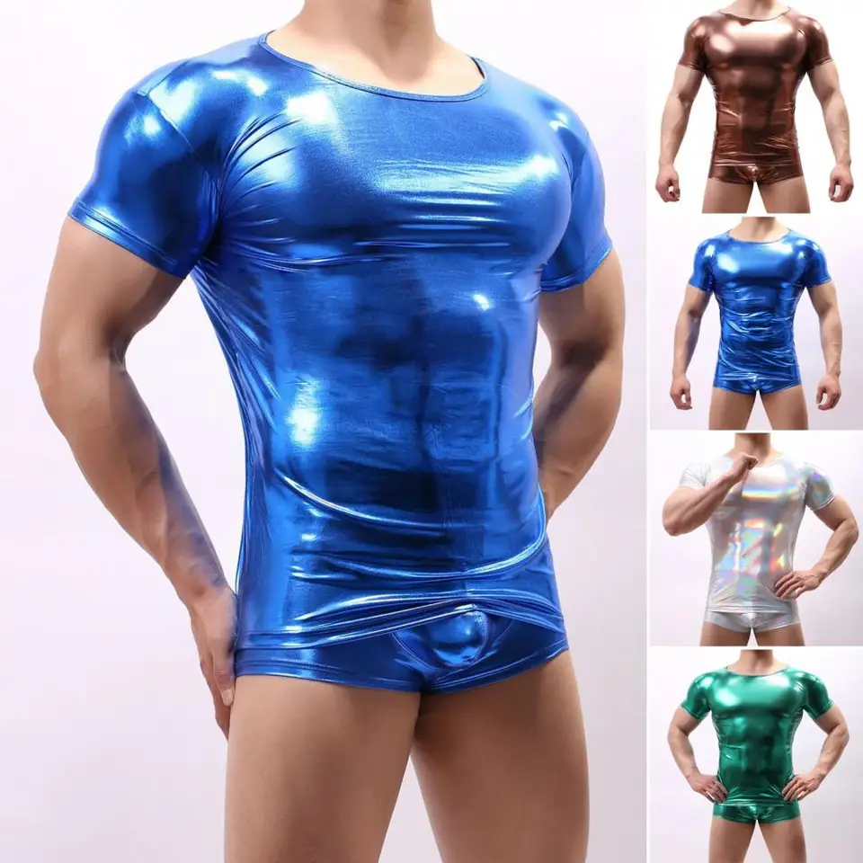 Pánske kovové shinny rave Party Top s krátkym rukávom Tričko Tops Round Neck Streetwear Hudobný festival Disco Disco Dance Clubwear