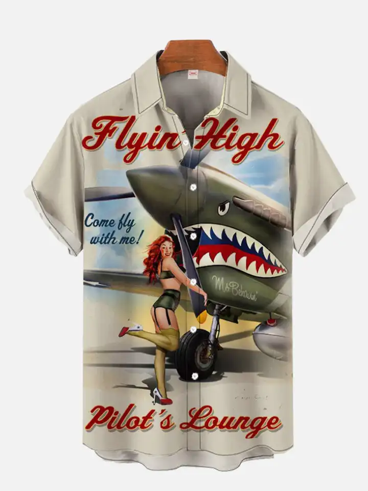 Pánske košele topy klasický retro plagát Art Art Fly Flying High Beauty Shark Fighter Print LaSe krát s krátkym rukávom Módna pánska košeľa