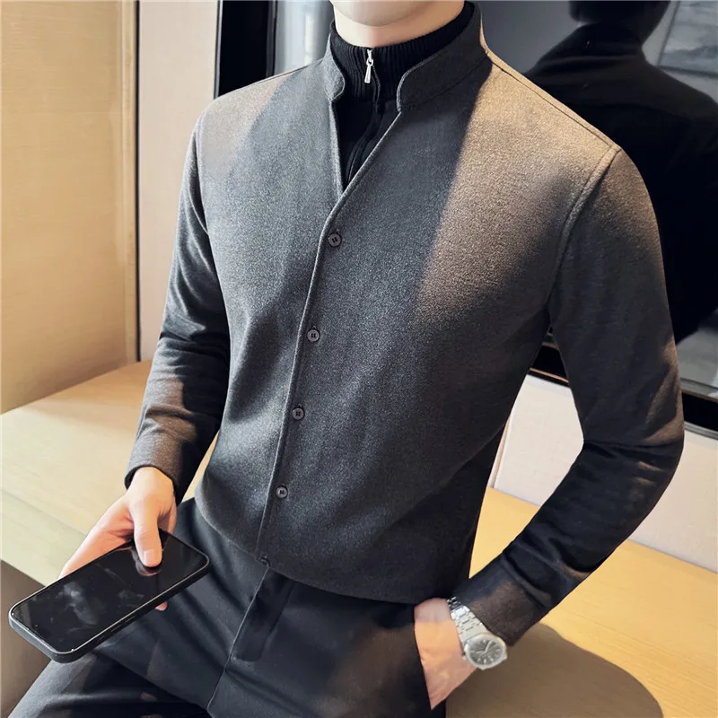 Pánske košele šaty jesenná zimná zimná polovica zipsu vlnené košele pre mužov Fake-2-klice Obchodné formálne opotrebenie Slim Fit Office Blouse Homme