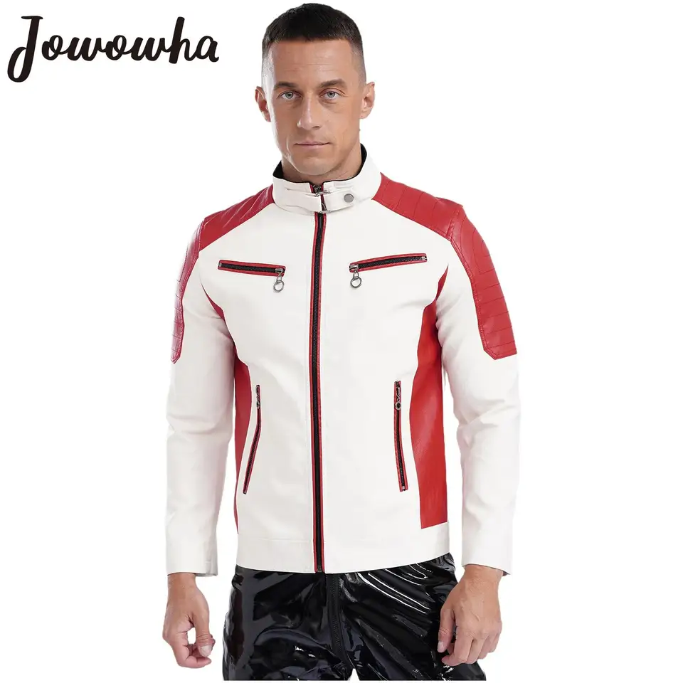 Pánske kožené závodné motocykle Motocyklové kabáty srsť predný rukáv predný zips kontrast Vonkajšie odevy veterné bombardované bombardové bunda streetwear