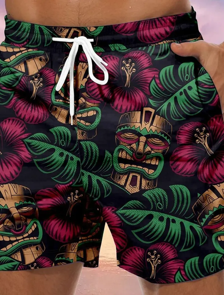 Pánske kraťasy na pláži plážové šortky inplanting tiki grafický kokosový strom rýchly suchý krátka dovolenka Hawaiian 4 mikroelastické