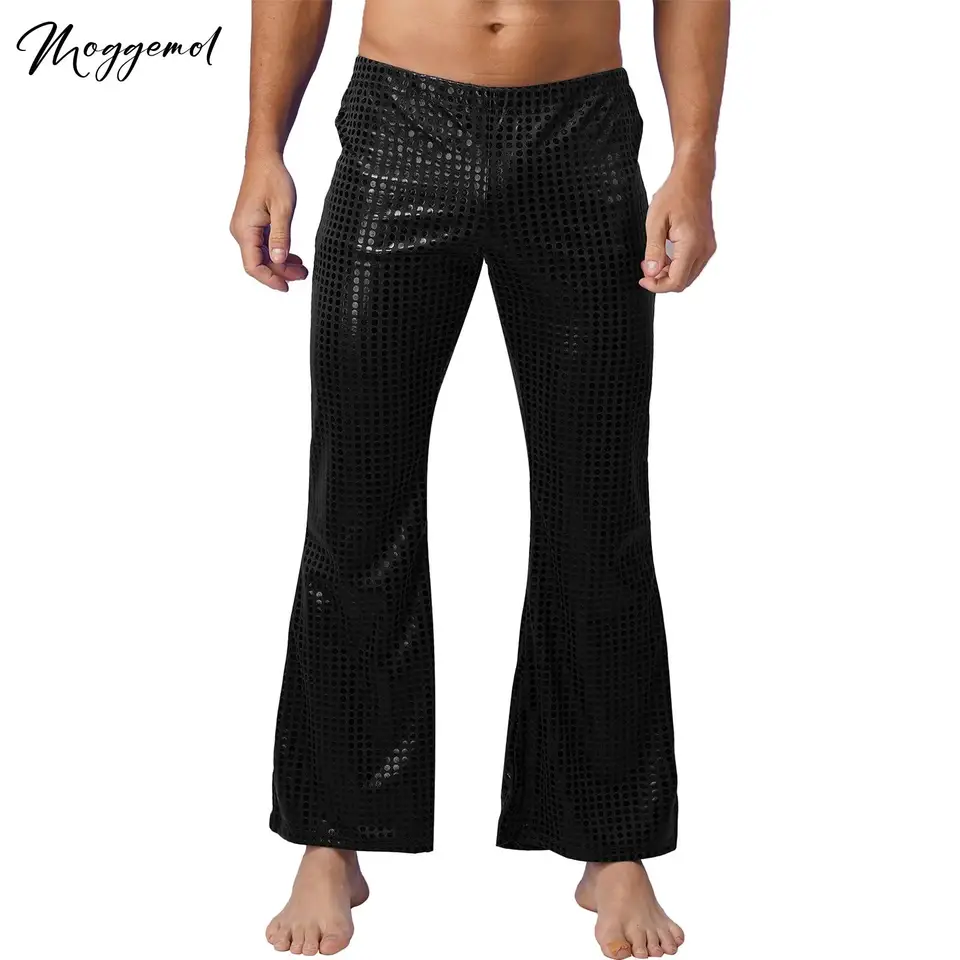 Pánske lesklé flitre dlhé nohavice Disco Dance Pants Party Party Performance Kostýme zvončeky nohavice Elastické pásové nohavice