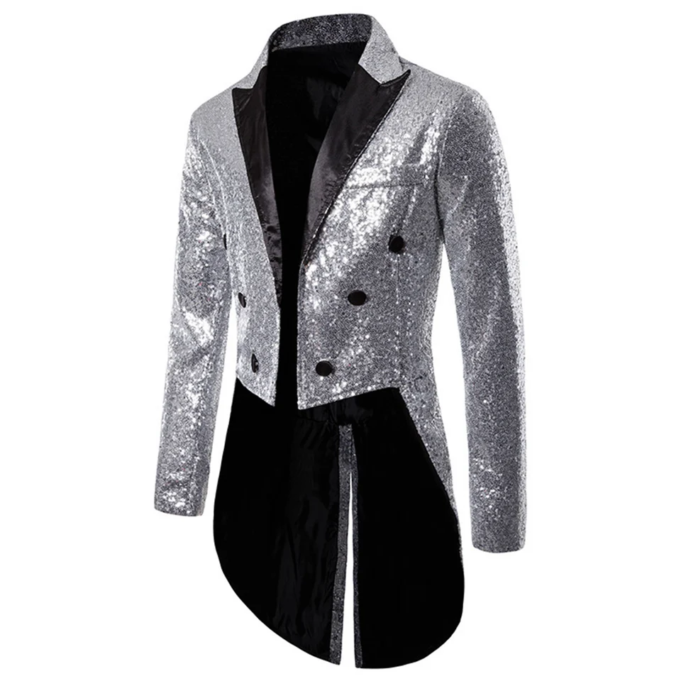 Pánske lesklé flitre Tailcoat vrchol klopa cirkus nočný klub Halloween Party bunda Outwear Tuxedo