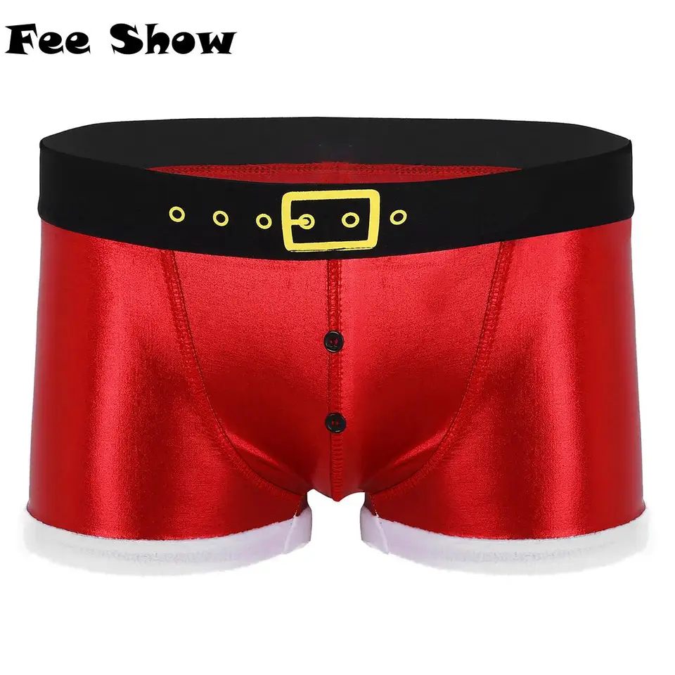 Pánske lesklé kovové vtipné vtipné opasky vianočné spodné prádlo vianočné dovolenky Santa Claus Cosplay kostým boxer k šortky klubové oblečenie