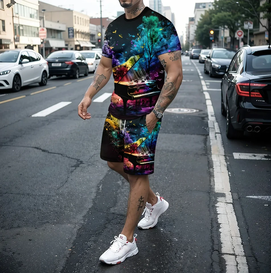 Pánske letné prístrojové poznámky 3D tlačené krátke rukávy Tričko Crew Neck Sports Tirl 2-Peting Set Social Party Novinka