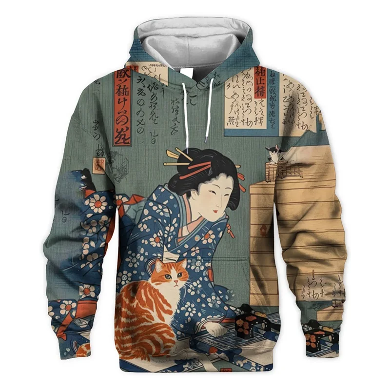 Pánske mikiny v japonskom štýle 3D tlačené geisha ukiyo-e grafické príležitostné mikina s kapucňou vonkajšie nadmerné pullové mužské ukazovatele