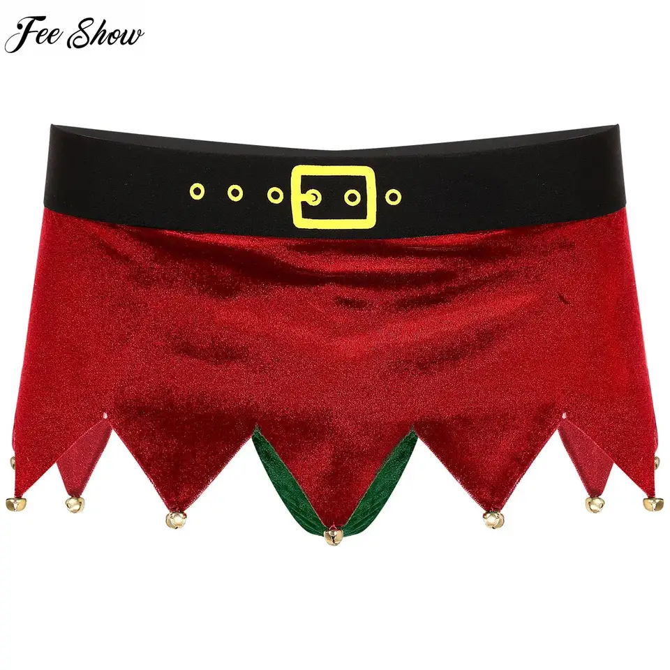 Pánske mäkké zamatové Santa sokrované nohavičky Underwear Vianočné kostýmy sviatočné večierky sukne s nízkym vzostupom Bulge Vetka zubaté mini sukňa