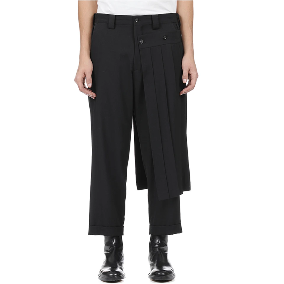Pánske módne dvojvrstvové sukne nohavice Nový trend tmavé dekonštruované skladané nohavice rovné nohavice nohavice na nohavičky bez rodové streetwear