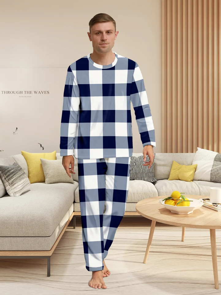 Pánske neformálne móda lenivé pyžamy domáce oblečenie Plaid dlhé rukávy Dlhé nohavice Dvojdielne pár set pánske oblečenie