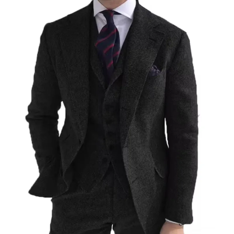 Pánske obleky 3 kusy zelenú vlnu ľanové rybie kosť business retro classic pattertUxedos pre svadobné blazer nohavice