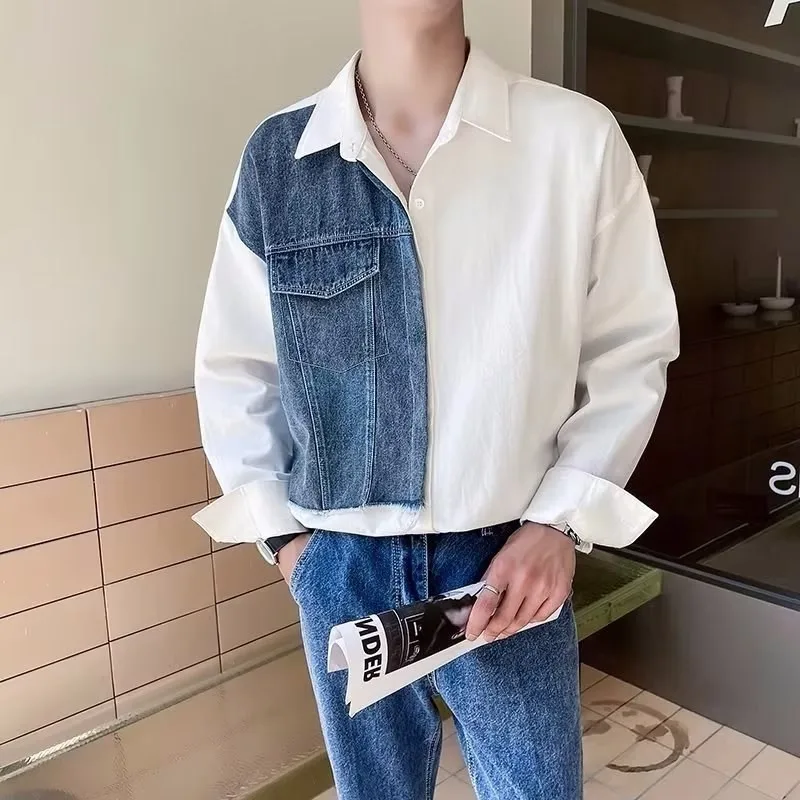 Pánske oblečenie módne patchwork džínsové košele Príležitostné retro gombíky s dlhým rukávom Streetwear Leisure Cardigan Tops 2025 Nové