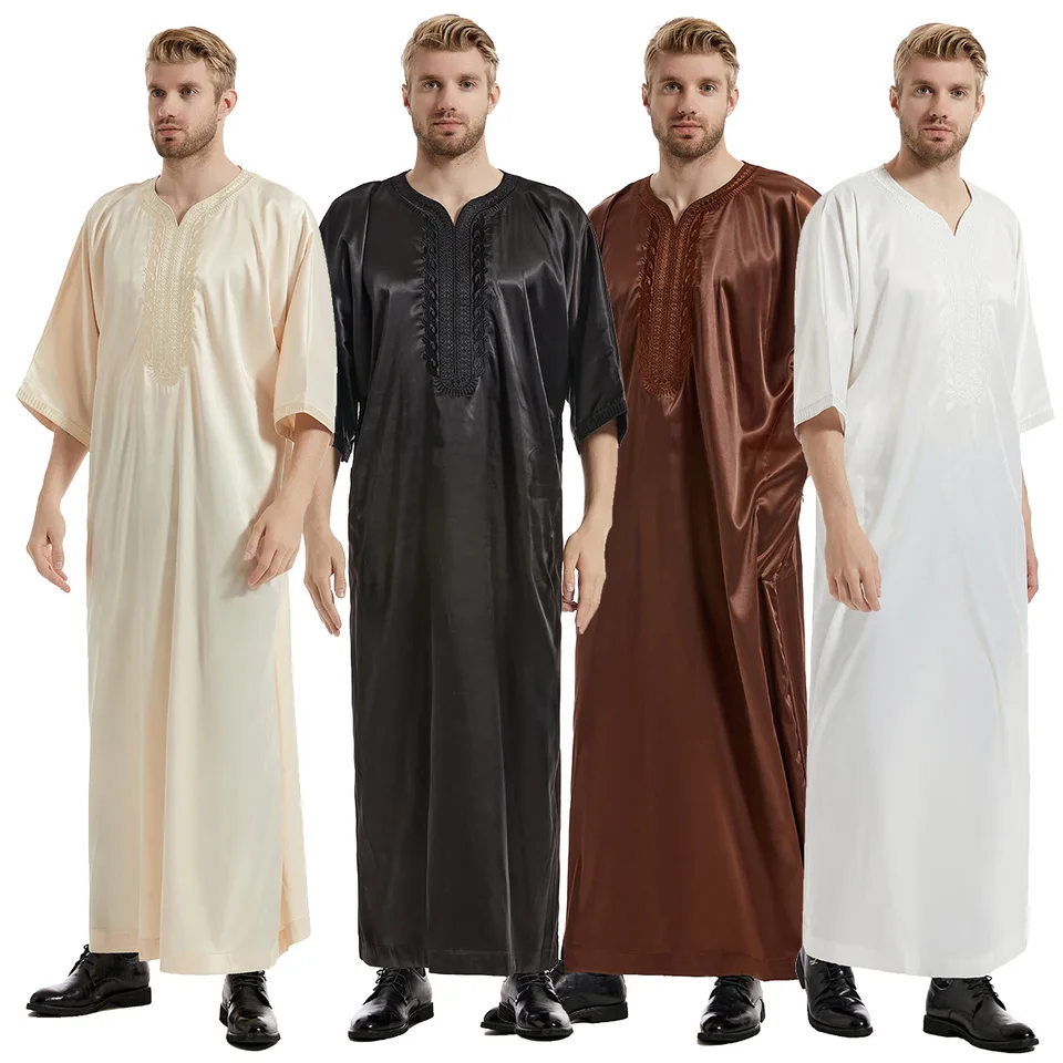 Pánske priedušné jubba Thobe, krátky rukáv, výšivka z pevnej farby, tradičné islamské oblečenie, Saudská Arábia Kaftan Abaya
