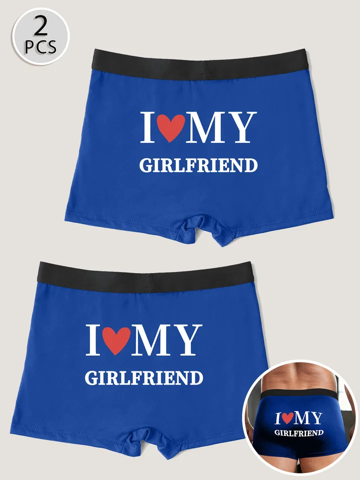 Pánske priedušné modré spodné spodné prádlo 2ks s I ❤ Mygirlfriend Tlač Soft Boxer Blifs