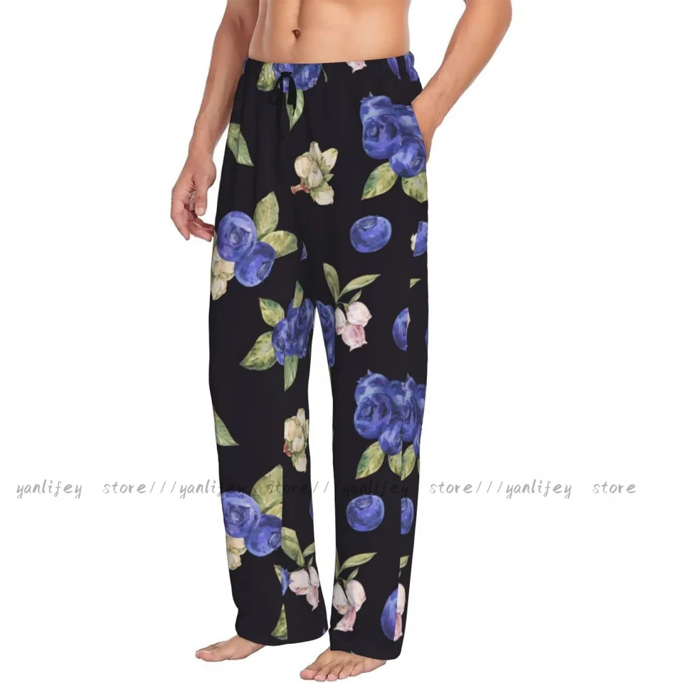 Pánske príležitostné pyžama dlhé nohavice uvoľnené elastický pásový pás Vodný bobule vzor Cozy Sleepwear Home Lounge nohavice