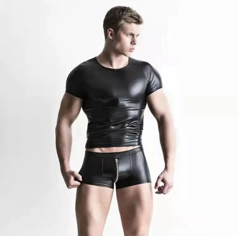 Pánske sexy kožené pančucháče vrcholy zipsové kraťas
