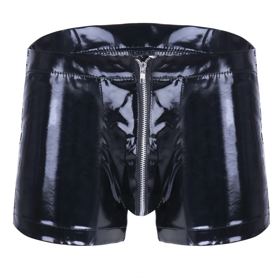 Pánske sexy otvorené rozkroky Krátky Krátke nohavice pre sex latex Bodycon zips zips crotchless bez patentovej kože fetiš fetiš boxer šnuruje vedľa
