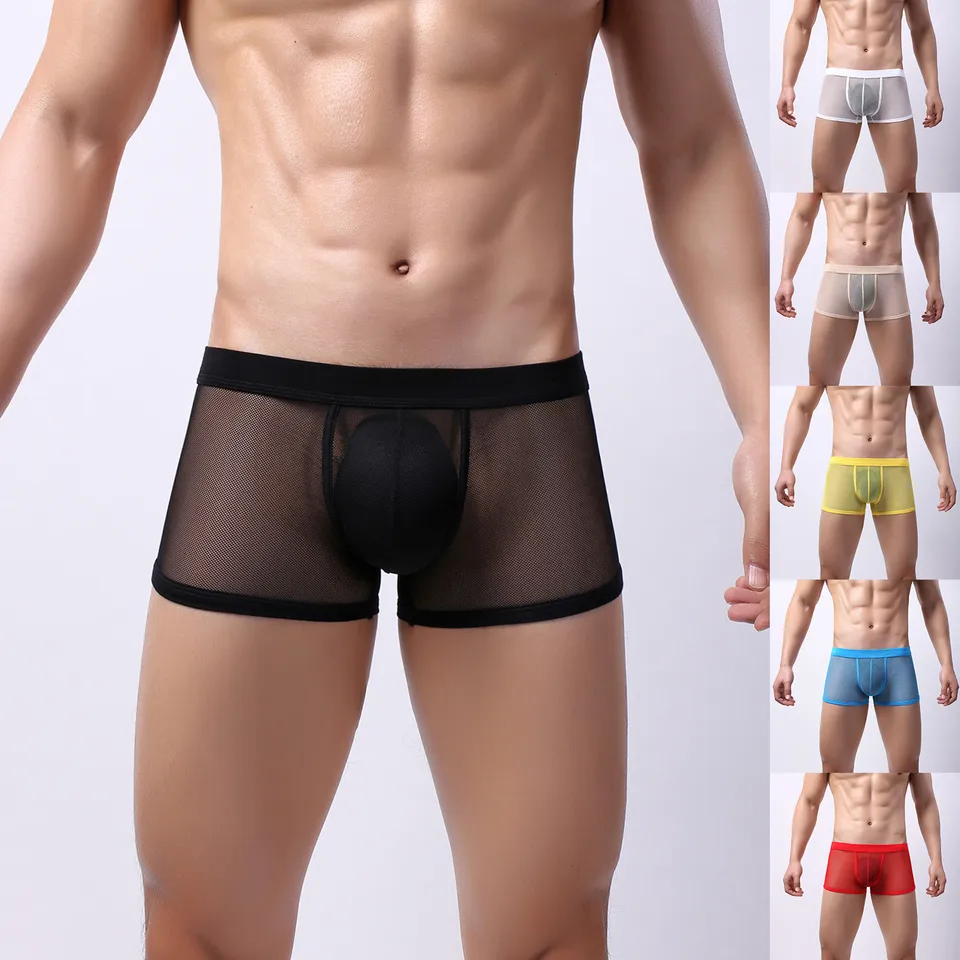 Pánske sexy sieťové priehľadné spodné prádlo Pasnú farbu priedušného športového boxeru Nízky pás Pokušenie erotické nohavičky pre mužov tangá