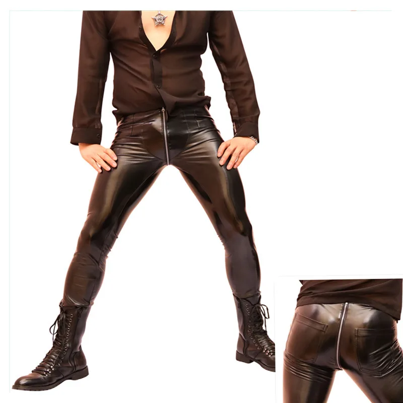 Pánske spodky High Stretch Tesné PU faux kožené kožené chudé nohavice Cencile Castle Pransers Otvorené rozkrok Punk Style Leggings