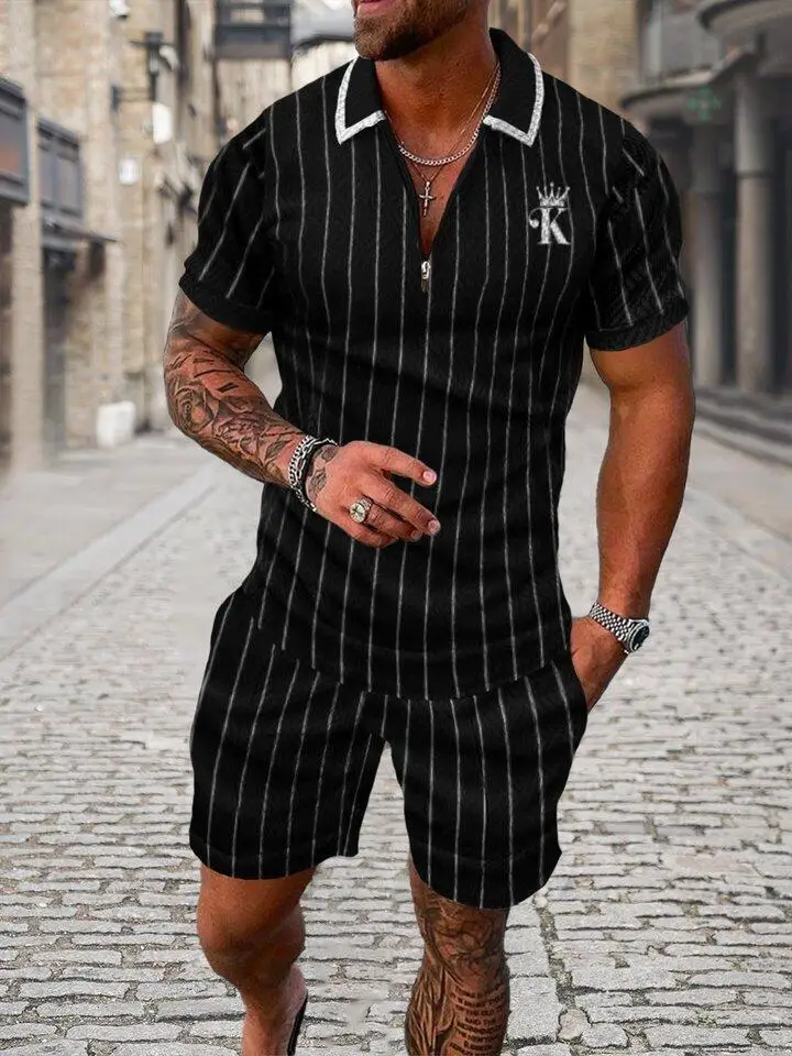 Pánske streetwear Suit 3D Digital Printing Black Crown King Kráľ s krátkym rukávom Polovica + šortky letné športové mužské oblečenie